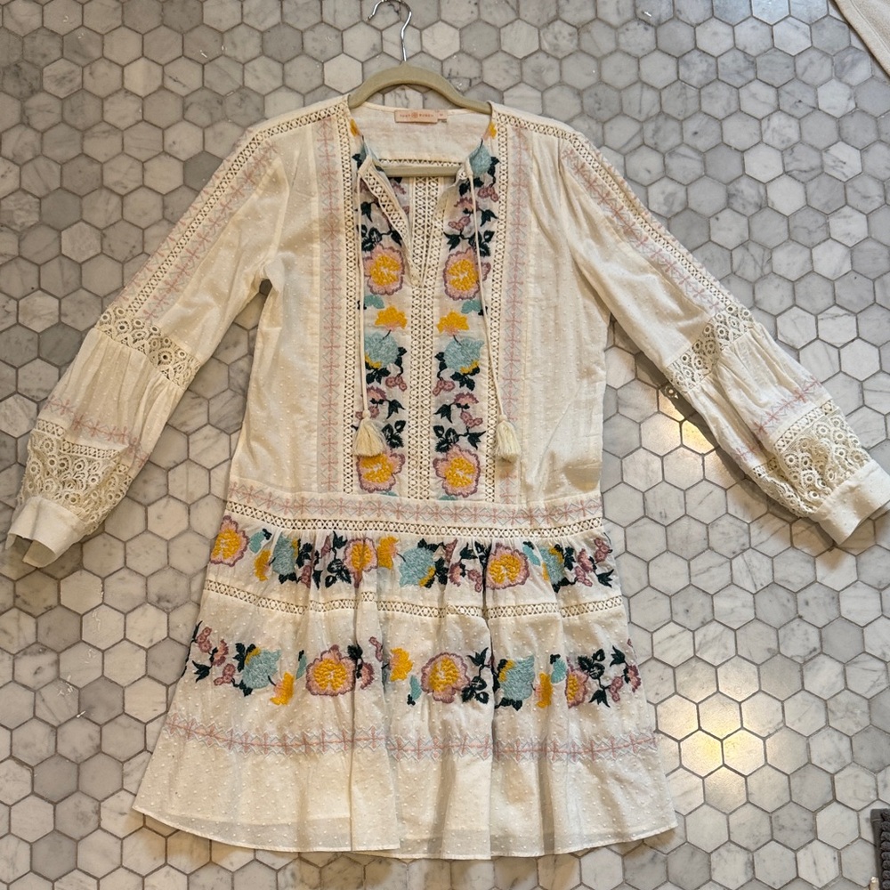 Tory Burch White Floral Embroidered Long Sleeve Dress